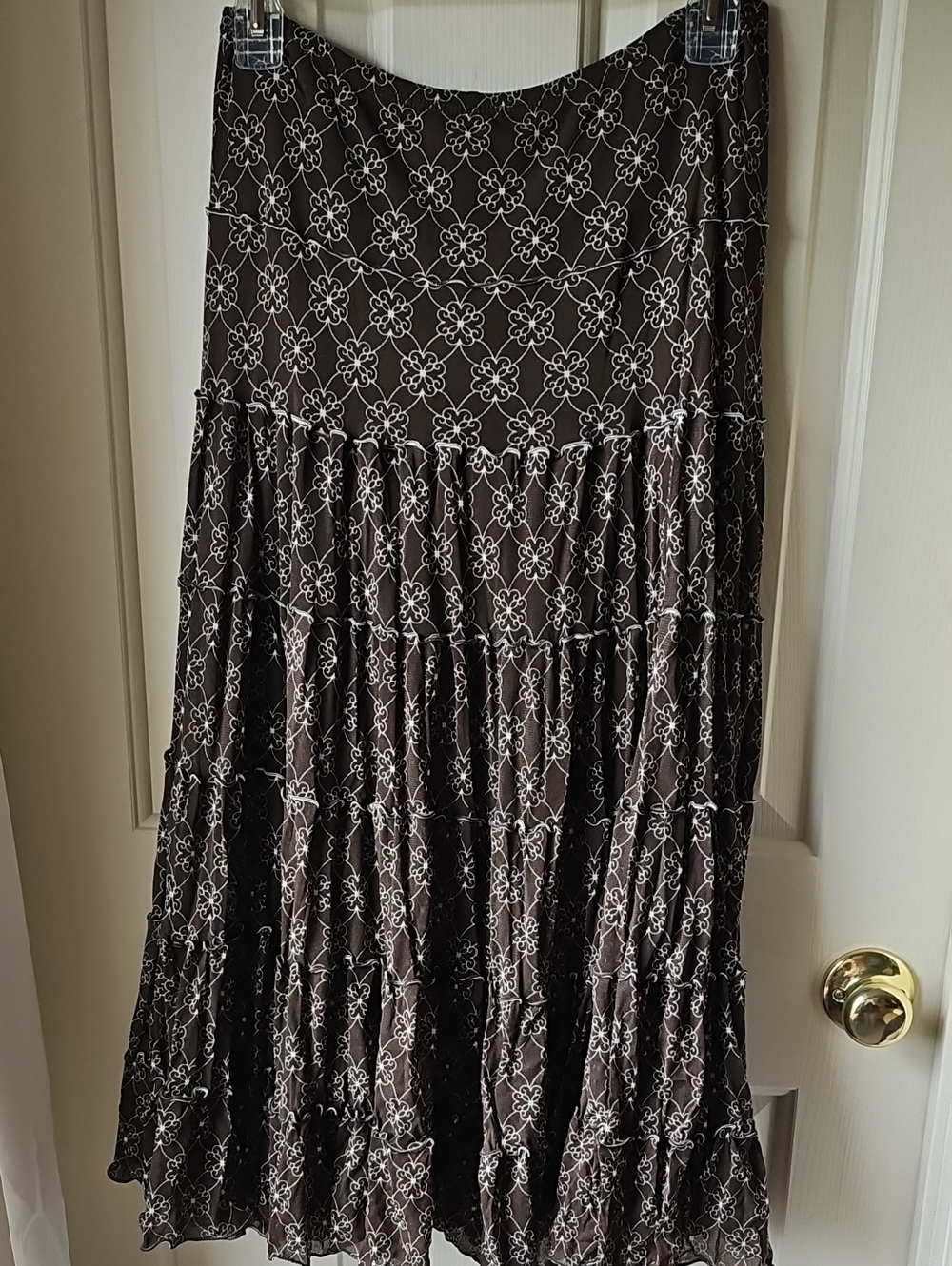 Studio M Brown Stretch Waist Maxi Skirt with Cream Floral Print